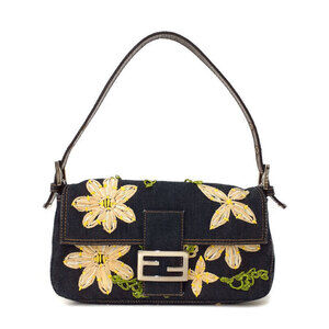 FENDI Flower Denim Mamma Bucket Handbag